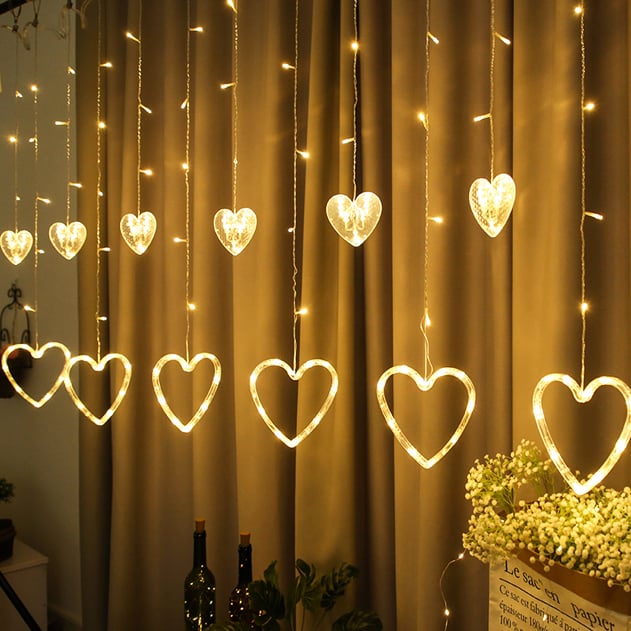 Perdea luminoasă LED, inimi, 3 × 1 m, alb cald – imagine 1