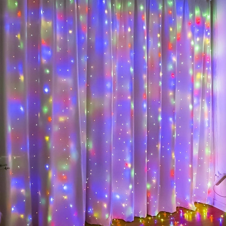 Instalatie luminoasa pentru Craciun, tip perdea, dimensiuni 3X3 m, cu 300 de LED-uri, cu telecomanda si carlige de prindere, multicolor