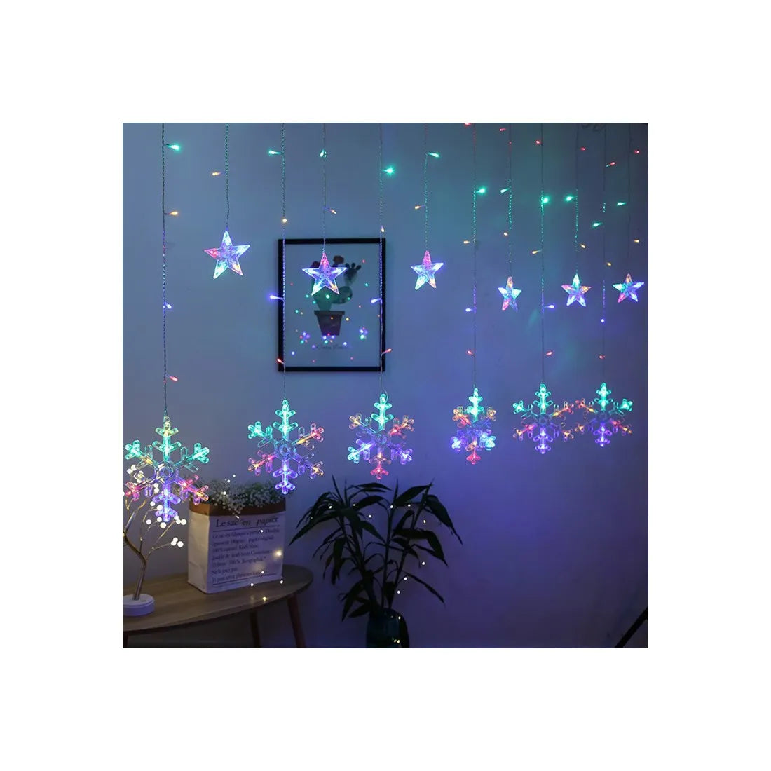 Perdea luminoasă LED, stele și fulgi de nea, 110 LED-uri, 3 × 1 m, multicoloră – imagine 3