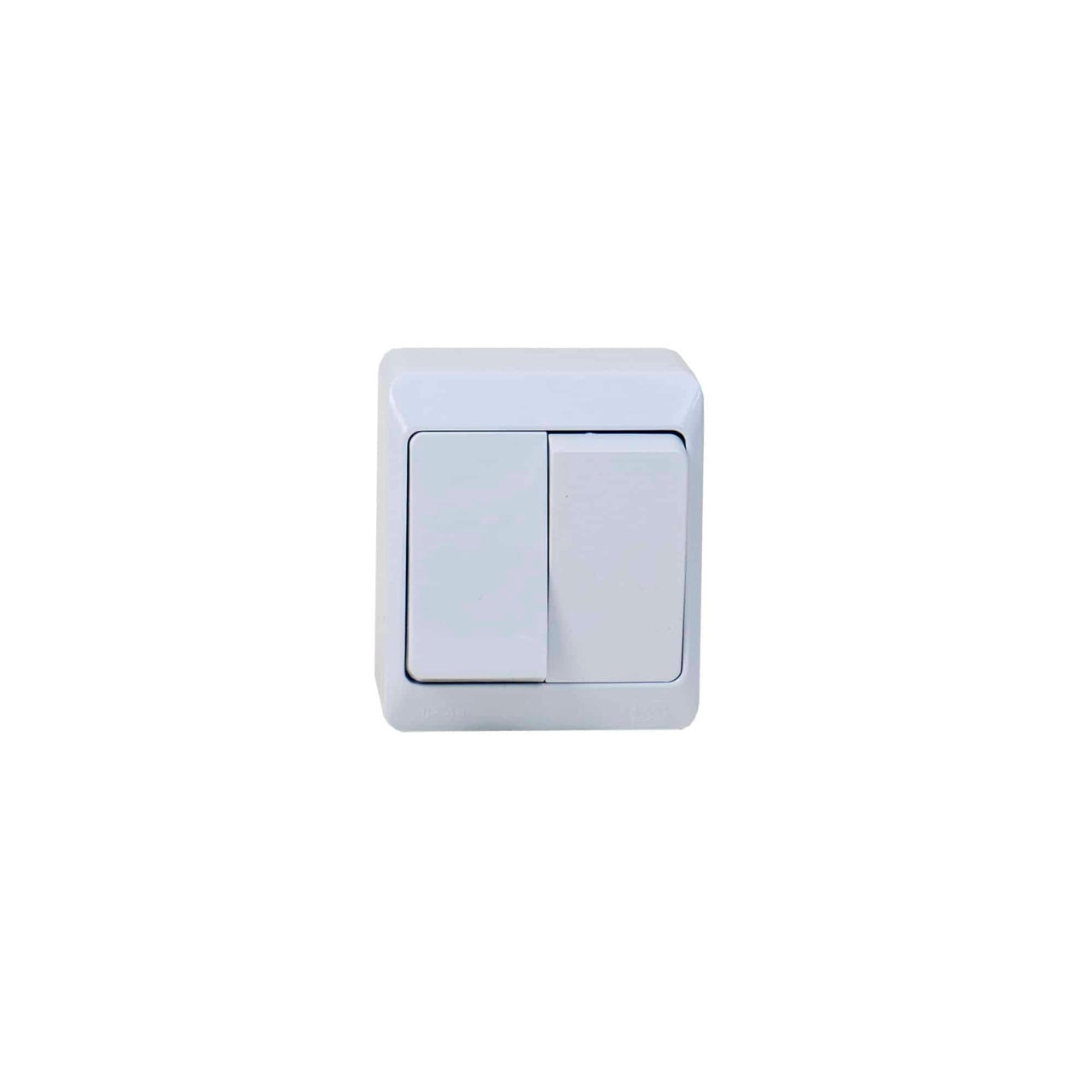 Intrerupator dublu alb, 10A/250V, grad protectie IP44, dimensiuni 65x75x50 mm