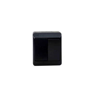 Intrerupator dublu negru 10A 250V cu protectie IP44, dimensiuni 65x75x50 mm