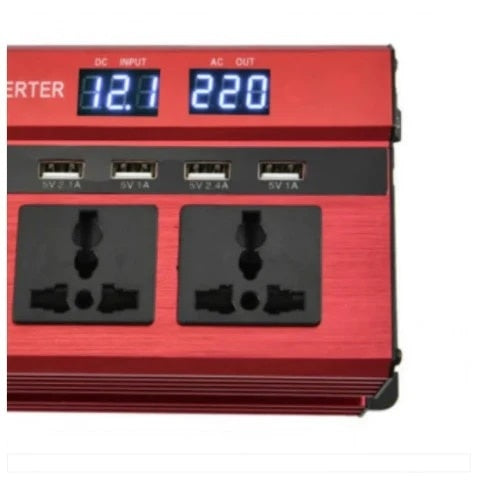 Invertor auto FOXMAG24, 12V, display dublu cu 4 mufe USB, 2 iesiri, putere 1600W, protectie supraincalzire, rosu