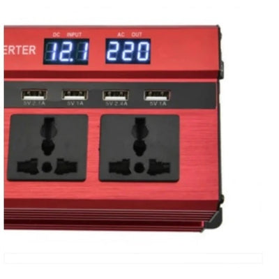 Invertor auto FOXMAG24, 12V, display dublu cu 4 mufe USB, 2 iesiri, putere 1600W, protectie supraincalzire, rosu