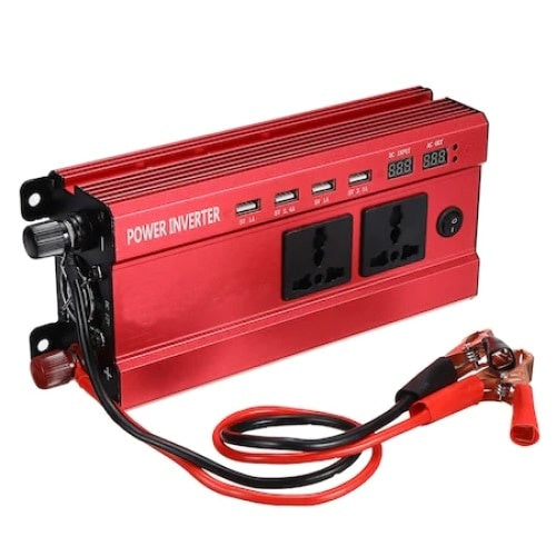 Invertor auto FOXMAG24, 12V, display dublu cu 4 mufe USB, 2 iesiri, putere 1600W, protectie supraincalzire, rosu