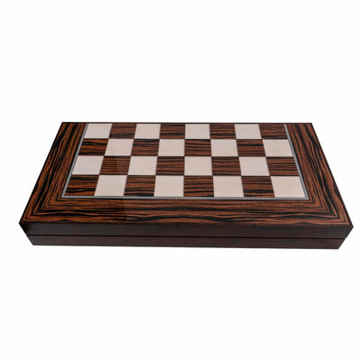 Joc de table din lemn lacuit 50x50 cm, abanoz, cu 30 piese si 2 zaruri