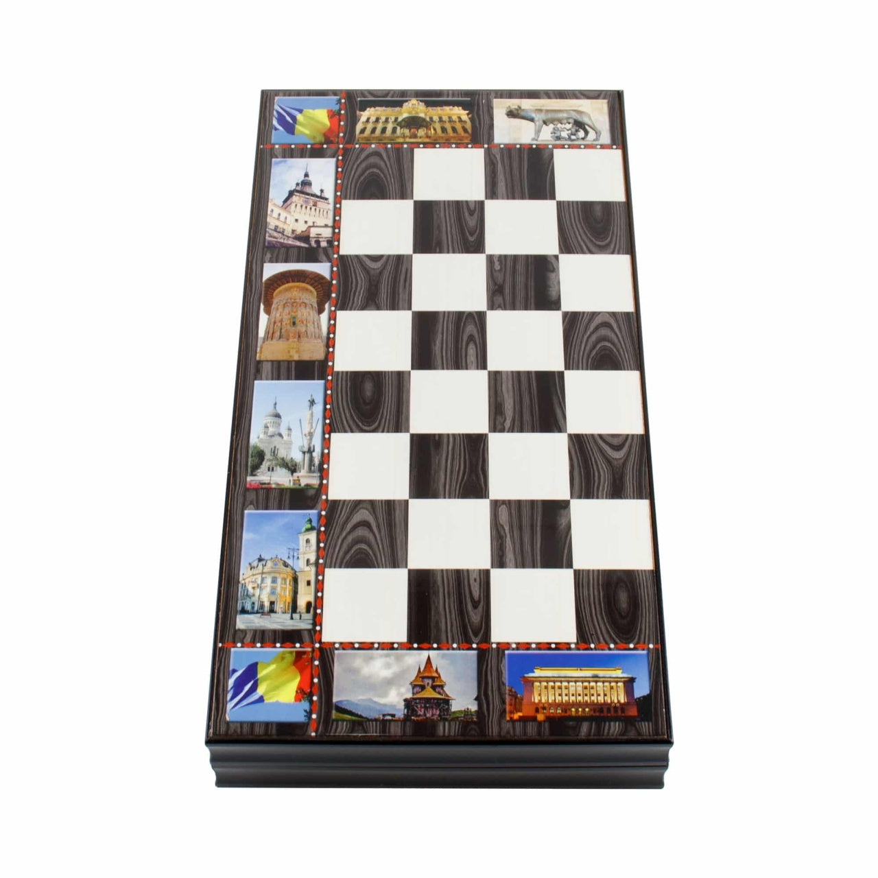 Joc de table din lemn lacuit cu peisaje 50x50 cm, 30 piese si 2 zaruri