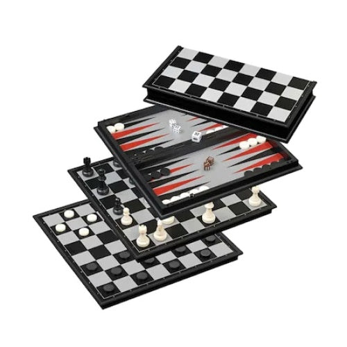 Joc FOXMAG24, 3 in 1, table, dame, sah, magnetic, dimensiune 24 cm, alb/negru