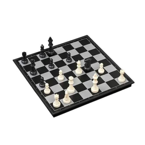 Joc FOXMAG24, 3 in 1, table, dame, sah, magnetic, dimensiune 24 cm, alb/negru