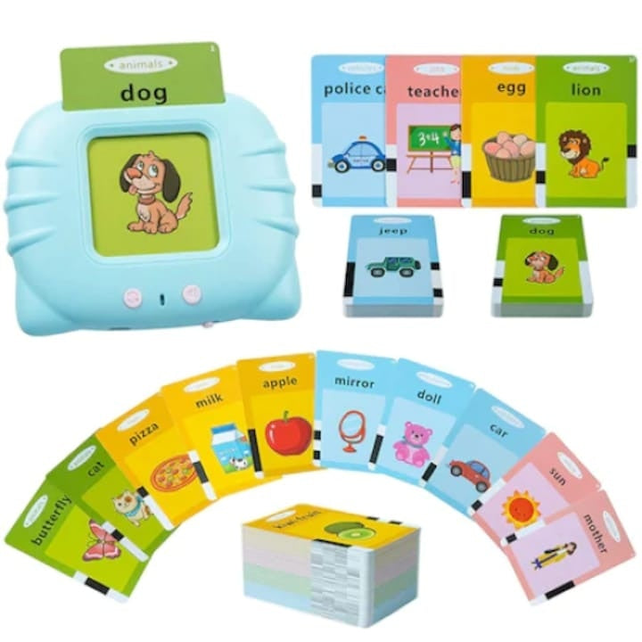 Joc interactiv cu 112 piese, pentru invatarea cuvinteleor in limba engleza, cu carduri incluse, functionare cu baterii, din plastic, albastru