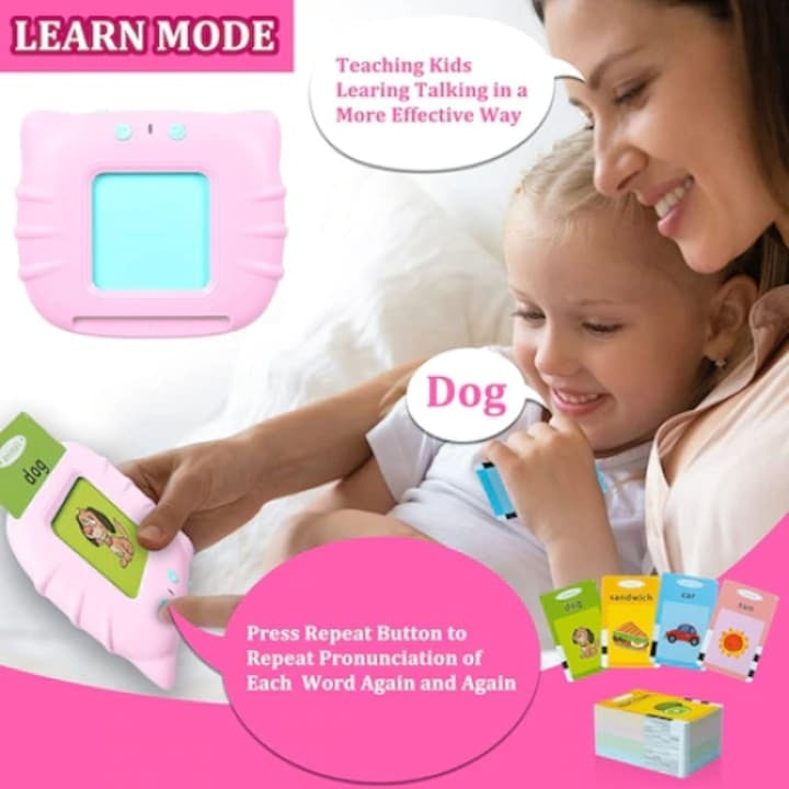 Joc interactiv cu 112 piese, pentru invatarea cuvinteleor in limba engleza, cu carduri incluse, functionare cu baterii, din plastic, roz