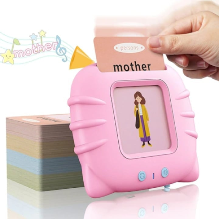 Joc interactiv cu 112 piese, pentru invatarea cuvinteleor in limba engleza, cu carduri incluse, functionare cu baterii, din plastic, roz