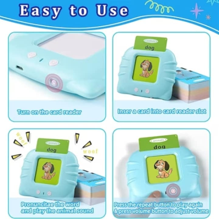 Joc interactiv cu 112 piese, pentru invatarea cuvinteleor in limba engleza, cu carduri incluse, functionare cu baterii, din plastic, albastru