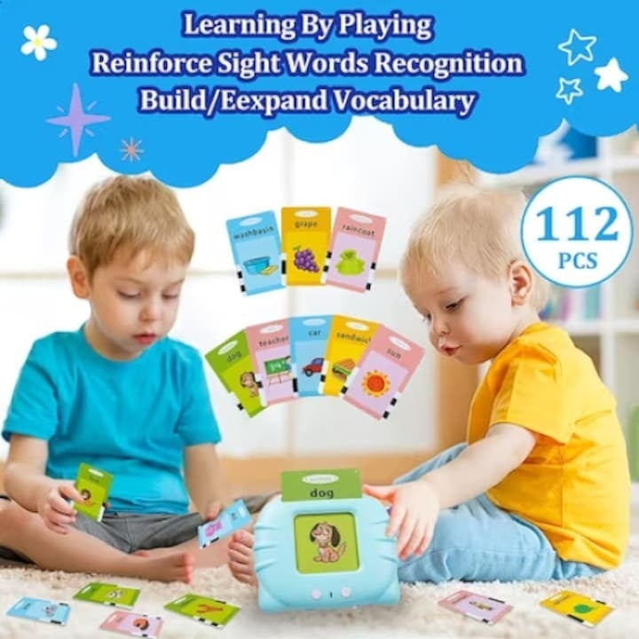 Joc interactiv cu 112 piese, pentru invatarea cuvinteleor in limba engleza, cu carduri incluse, functionare cu baterii, din plastic, albastru