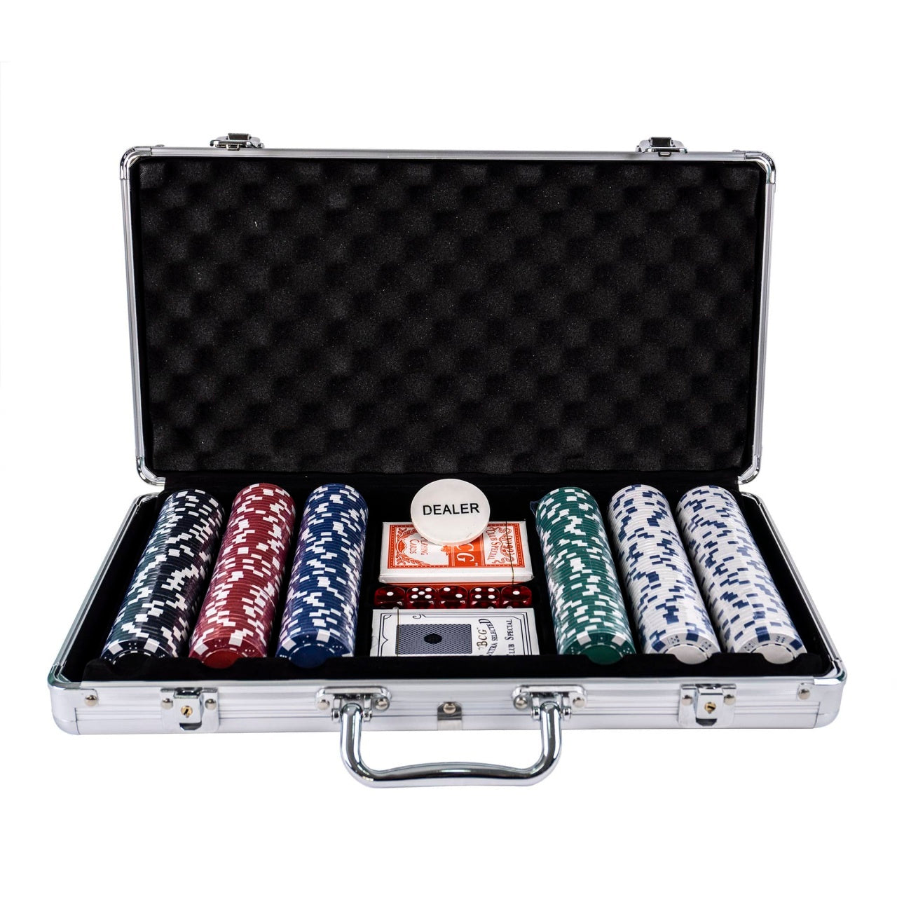 Joc poker cu 300 jetoane si servieta aluminiu, set complet cu carti si zaruri