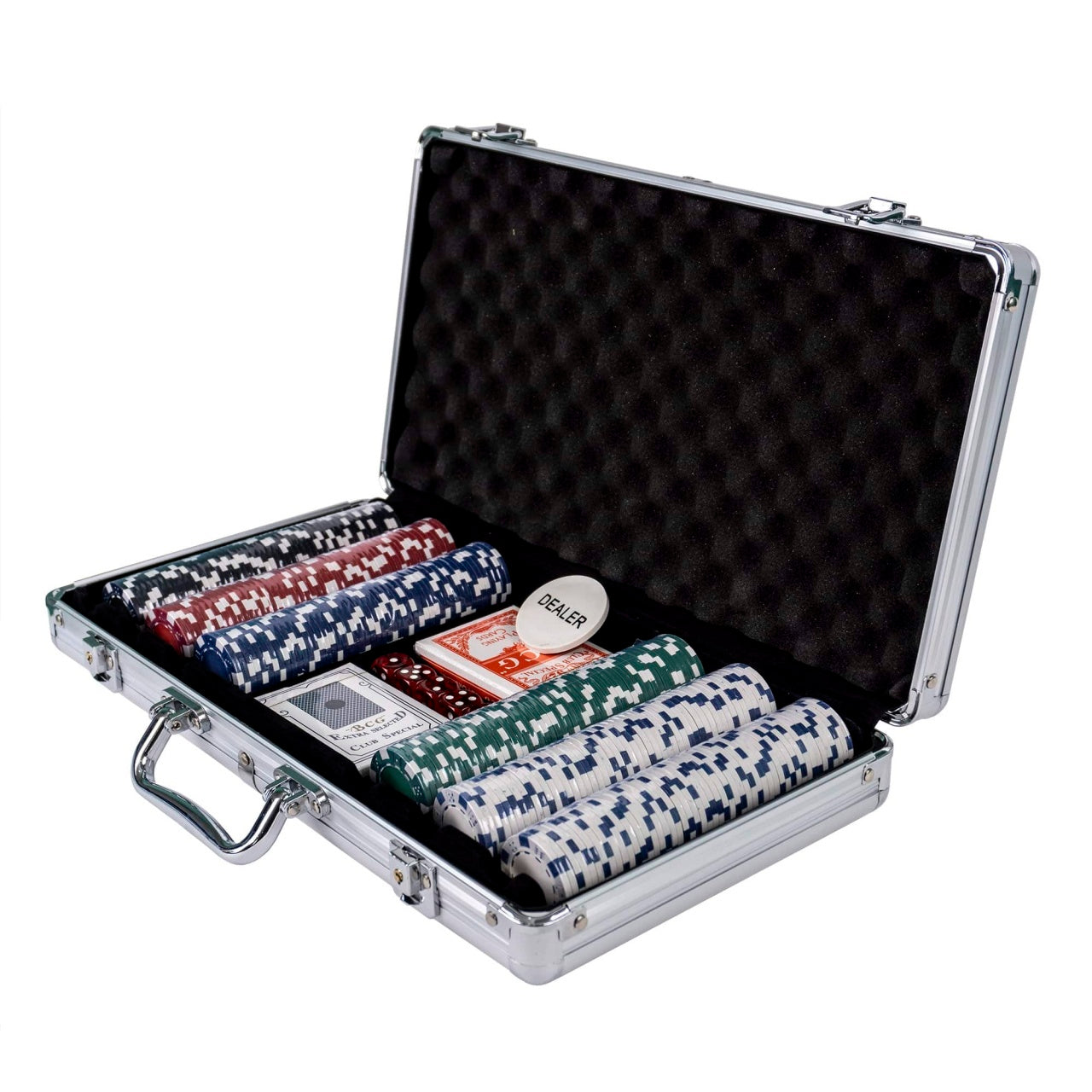 Joc poker cu 300 jetoane si servieta aluminiu, set complet cu carti si zaruri