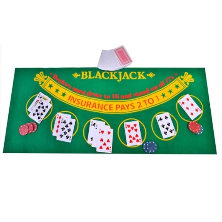 Joc ruleta casino, cu jetoane, zaruri si carti, BlackJack, din carton si plastic, verde
