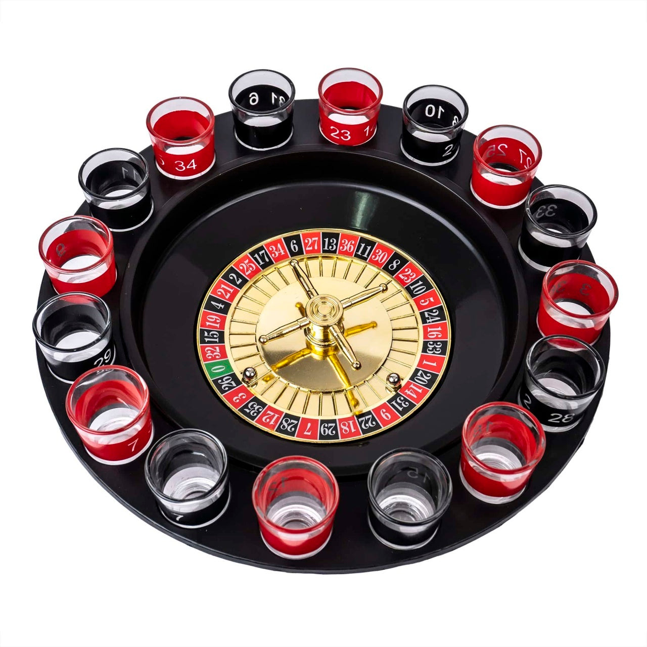 Joc ruleta cu 16 pahare de shot, rosu - negru, cu sageata rotativa