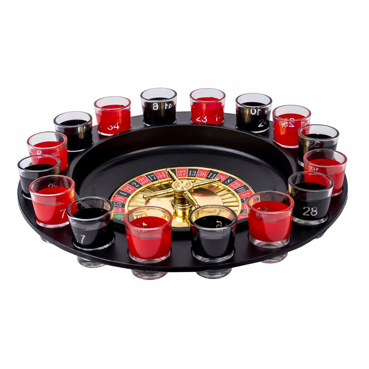 Joc ruleta cu 16 pahare de shot, rosu - negru, cu sageata rotativa
