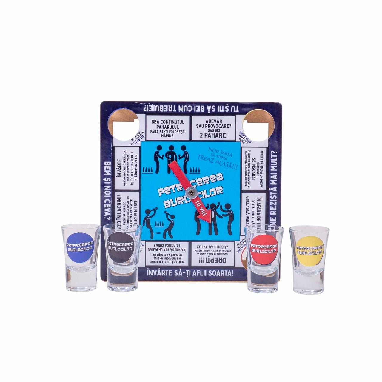 Joc ruleta de petrecere cu 4 pahare shot 21x21x3cm