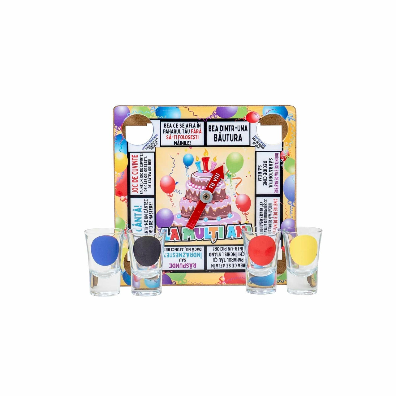 Joc ruleta de petrecere cu 4 pahare shot, dimensiuni 21x21x3 cm