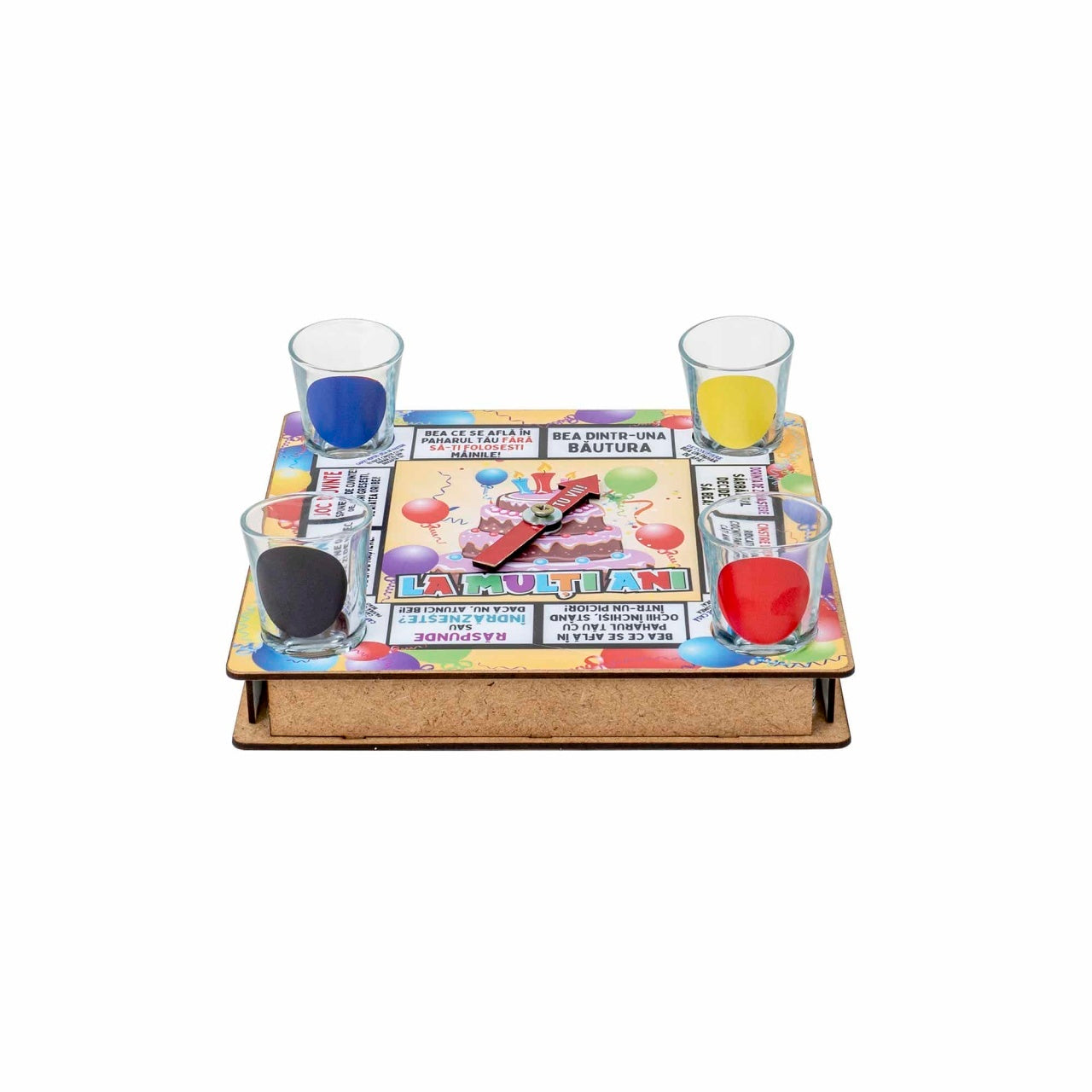 Joc ruleta de petrecere cu 4 pahare shot, dimensiuni 21x21x3 cm