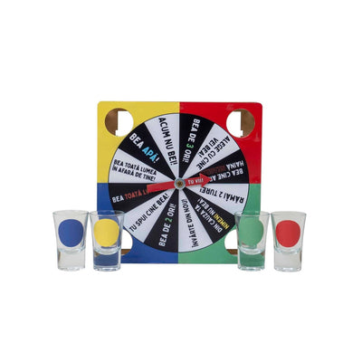 Joc ruleta de petrecere cu 4 pahare shot, dimensiuni 21x21x3 cm