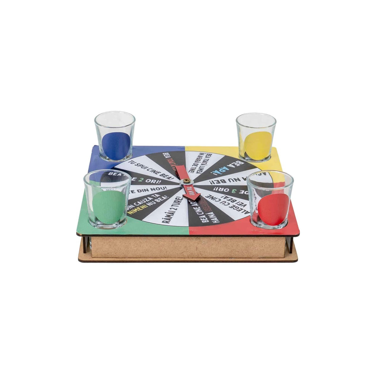 Joc ruleta de petrecere cu 4 pahare shot, dimensiuni 21x21x3 cm