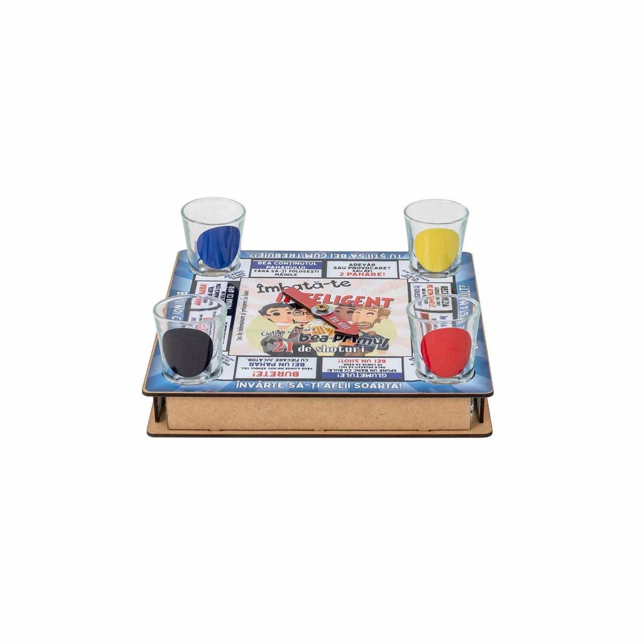 Joc ruleta de petrecere cu 4 pahare shot, dimensiuni 21x21x3cm
