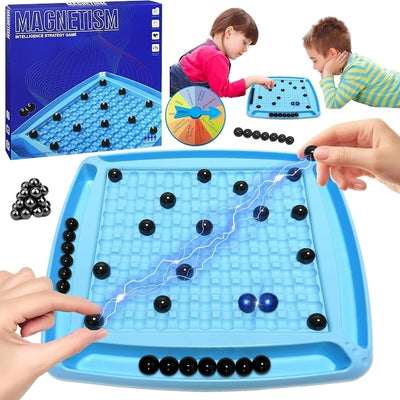 Joc Sah Magnetic pentru copii, cu 30 de magneti, tabla de joc, cu 4 jocuri diverse, interactiune parinte-copil, imbunatatirea concentrarii, maxim 4 jucatori, albastru/negru
