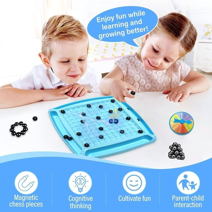 Joc Sah Magnetic pentru copii, cu 30 de magneti, tabla de joc, cu 4 jocuri diverse, interactiune parinte-copil, imbunatatirea concentrarii, maxim 4 jucatori, albastru/negru