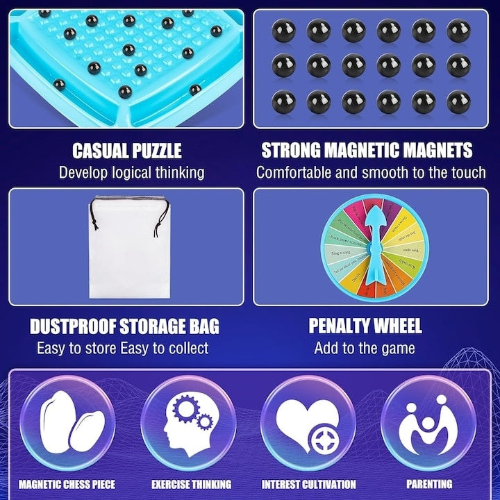 Joc Sah Magnetic pentru copii, cu 30 de magneti, tabla de joc, cu 4 jocuri diverse, interactiune parinte-copil, imbunatatirea concentrarii, maxim 4 jucatori, albastru/negru