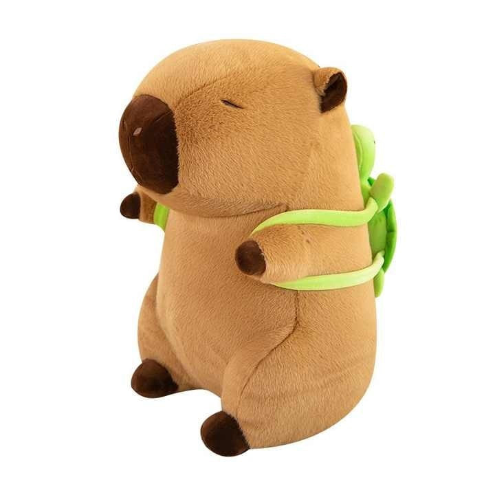 Jucarie de plus Capibara pentru copii, cu rucsac in forma de broasca testoasa, material moale la atingere, 35 cm, Maro