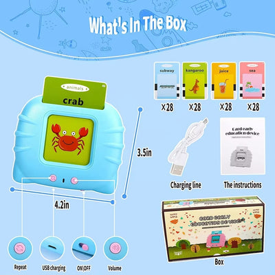 Jucarie educativa Montessori pentru copii, limba engleza, cititor de carduri flash, 224 de cuvinte, 112 carduri, incarcare MicroUSB