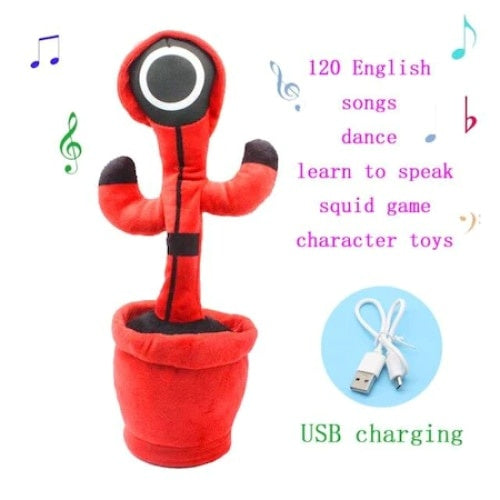 Jucarie interactiva de plus, FOXMAG24, soldatul cerc Squid Game, vorbeste, imita si danseaza, cu incarcare USB, rosu/negru