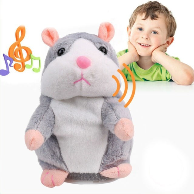 Jucarie interactiva de plus hamster vorbitor FOXMAG24®, redare sunete, imita vocea, gri, 15 cm