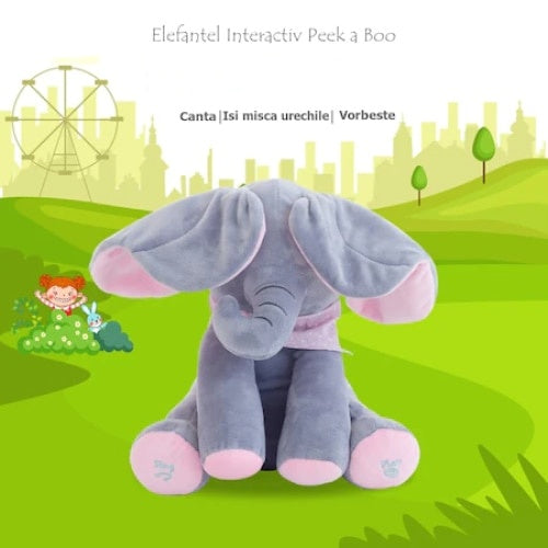 Jucarie interactiva elefant, FOXMAG24, peek a boo, canta si vorbeste, 30x15 cm, gri/roz