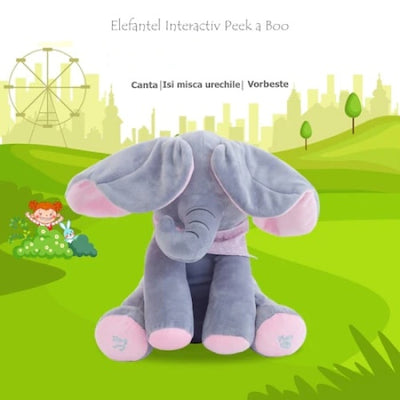 Jucarie interactiva elefant, FOXMAG24, peek a boo, canta si vorbeste, 30x15 cm, gri/roz