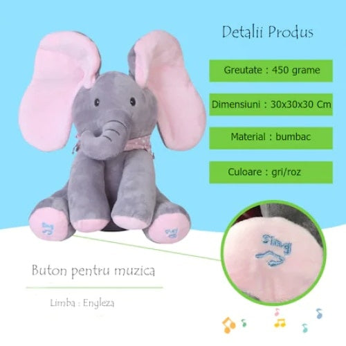 Jucarie interactiva elefant, FOXMAG24, peek a boo, canta si vorbeste, 30x15 cm, gri/roz