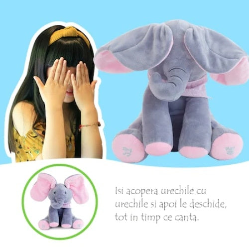 Jucarie interactiva elefant, FOXMAG24, peek a boo, canta si vorbeste, 30x15 cm, gri/roz