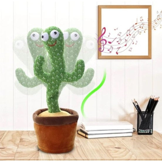 Jucarie interactiva FOXMAG24, Cactus Vorbitor, Danseaza, Imita, Canta, Educativ, 32 cm, cu USB, palarie galbena, verde