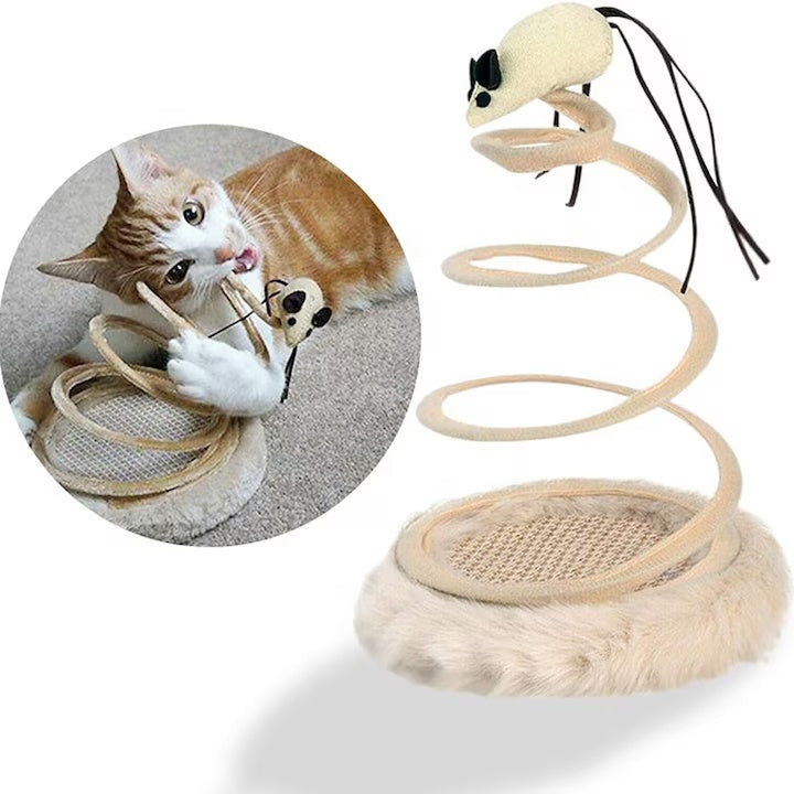 Jucarie interactiva pentru pisici, cu soricel sau peste de plus selectate aleator, arc spiralat elastic si disc din in