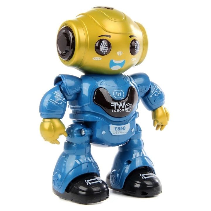 Jucarie interactiva robot inteligent cu telecomanda, functii multiple, lumini LED, melodii si dansuri, 22 cm x 16 cm x 9 cm, albastru