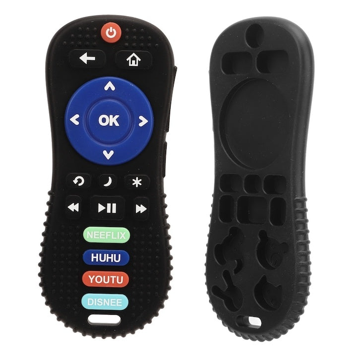 Jucarie pentru dentitie, in forma de telecomanda, din silicon moale, compacta, dimensiuni 10x5cm, negru