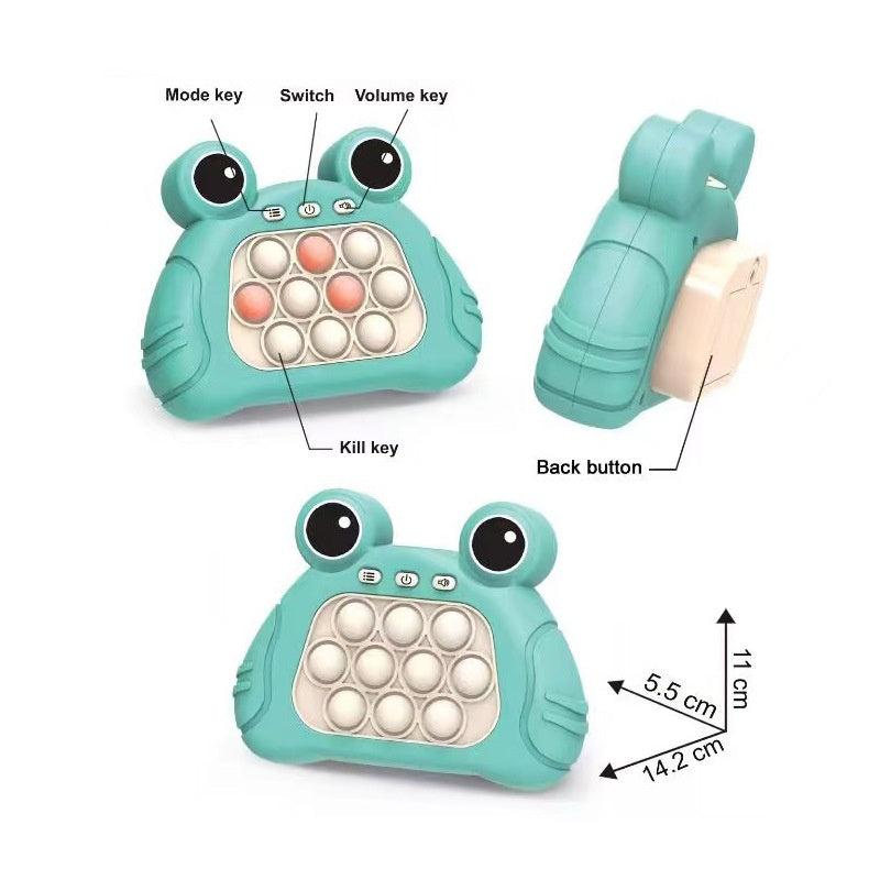 Jucarie sensoriala electronica Pop It, Broscuta, dimensiune 13 cm, din ABS, cu sunete si lumini, verde