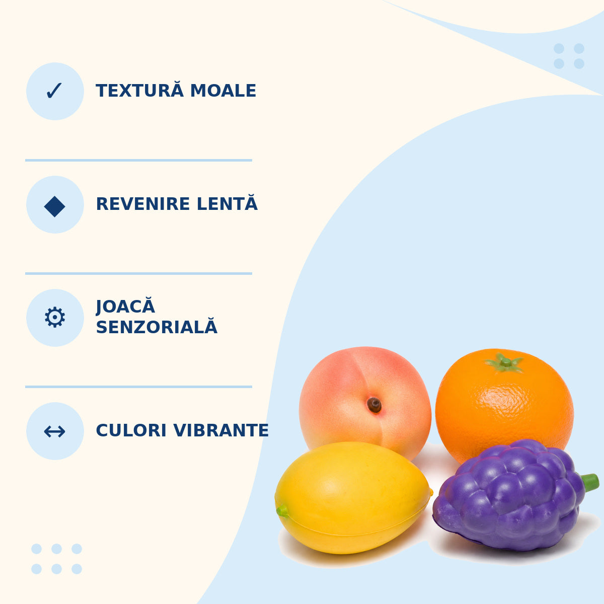 Jucărie Squishy Tip Fruct, Modele și Culori Asortate – caracteristici