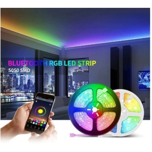 Kit Banda LED 5050 RGB FOXMAG24, Control Telefon prin Bluetooth, Exterior, 2x5m, Functie de Schimbare a Culorilor in Functie de Muzica, Lumina Multicolora, 10metri lungime, Instalare Usoara
