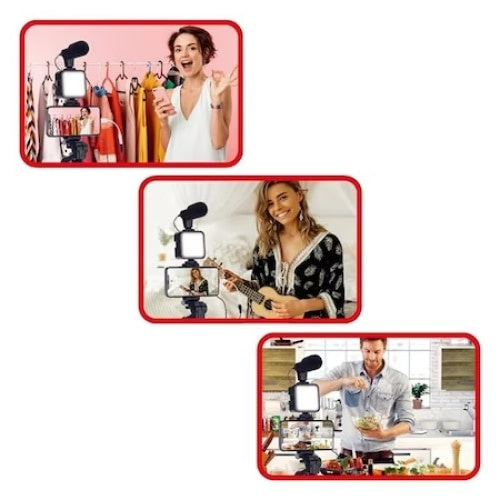 Kit de vlogging, cu microfon si trepied, cu suport de telefon reglabil, lumina LED, functioneaza cu baterii, negru