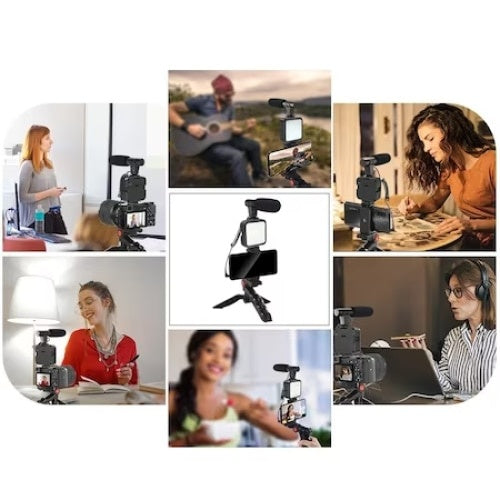 Kit de vlogging, cu microfon si trepied, cu suport de telefon reglabil, lumina LED, functioneaza cu baterii, negru