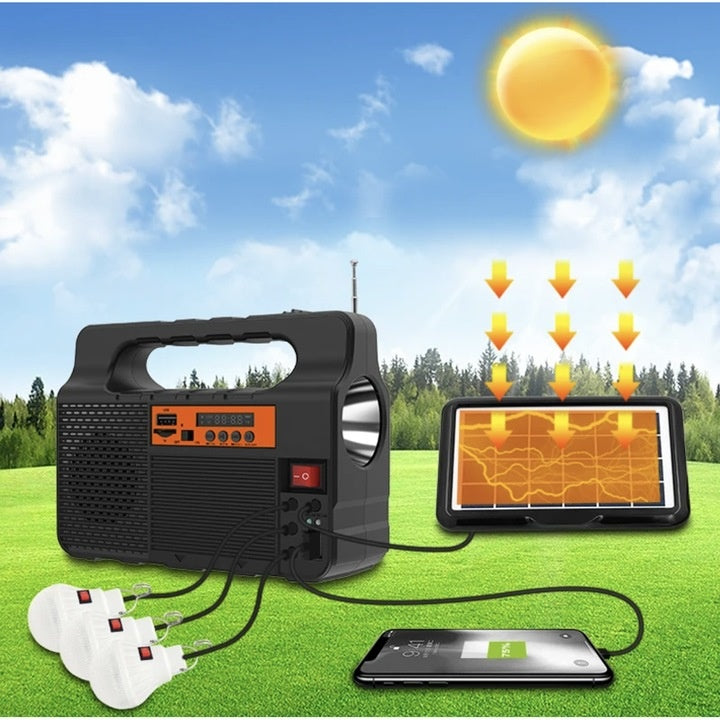 Kit solar cu lanterna, radio si 3 becuri, functie de power bank, acumulatorul de 6V, sistemului de agatare tip snur, negru
