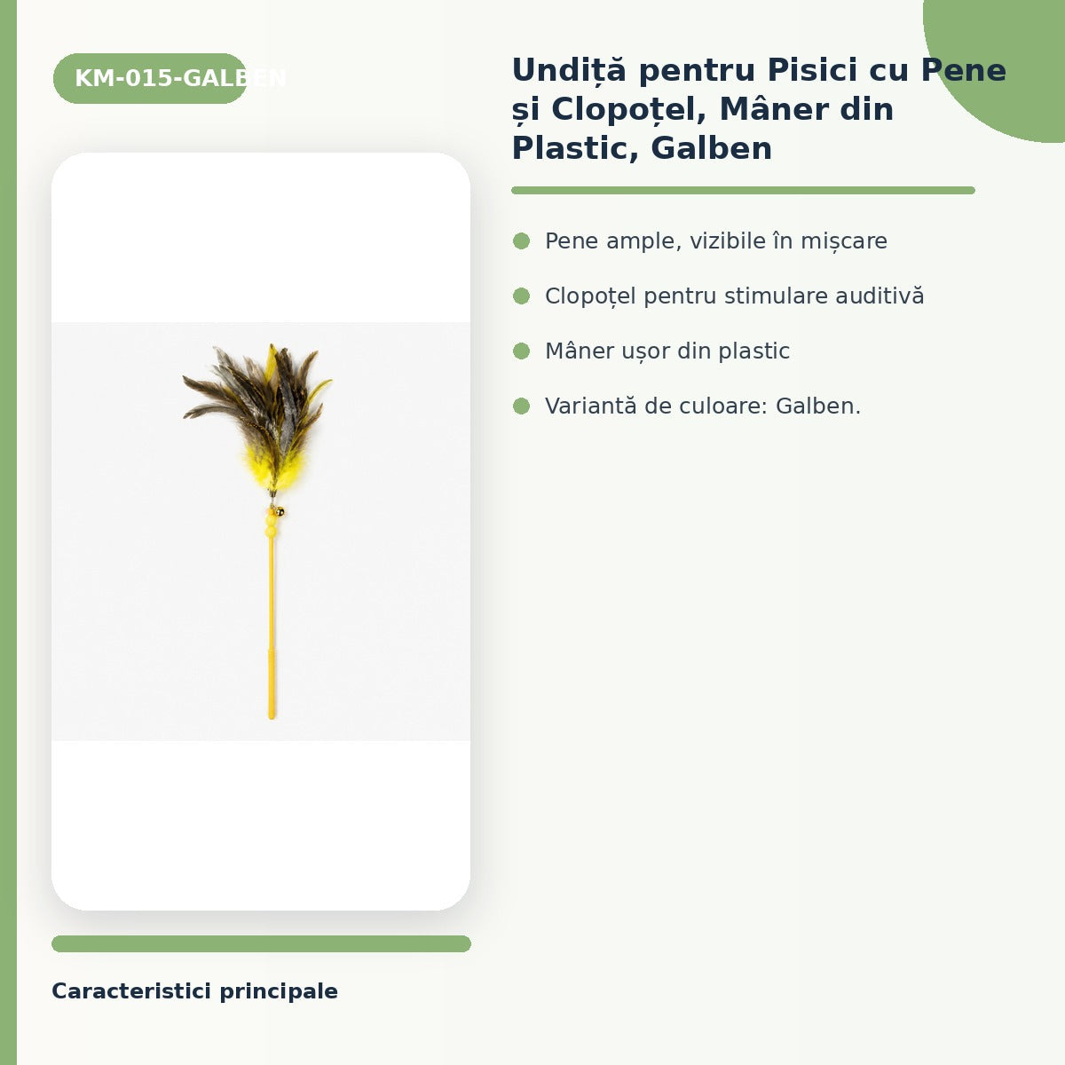 Undita pentru Pisici cu Pene si Clopotel, Maner din Plastic, Galben – imagine 3